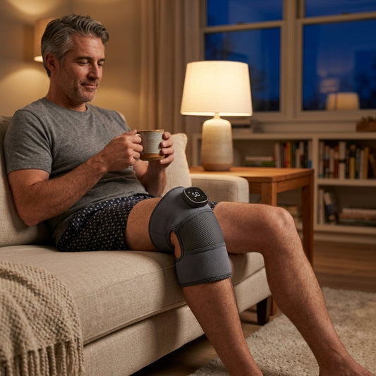 Person relaxing while wearing the Remeknee knee brace